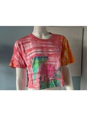Def Leppard Tie-Dye Graphic Crop T-Shirt M 100% Cotton Pink/Orange